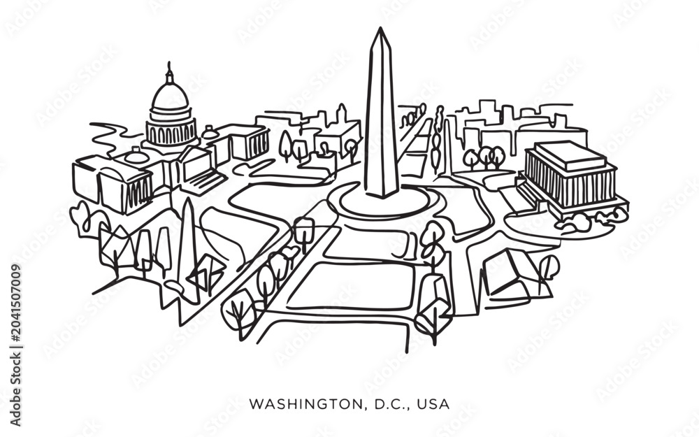 Obraz premium Washington DC USA Landmark Line Art, National Mall Monument Architecture Design