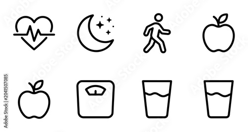Foto Healthy Lifestyle Icons: Heartbeat, Sleep, Walking, Apple, Scale, Water Glasses,