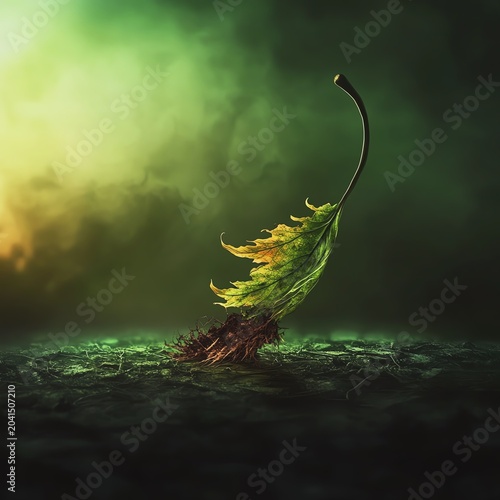 A vibrant leaf against a mystical background.