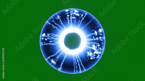 Glowing blue plasma energy sphere with electric lightning bolts on green screen electricity