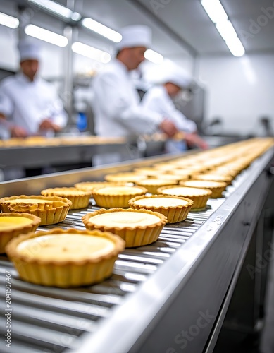 Baked pastry tarts on industrial conveyor.