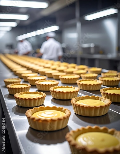 Tart production line in commercial kitchen.