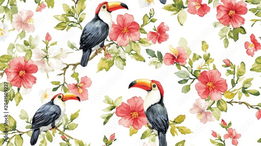 Fototapeta premium Tropical toucan birds and red hibiscus flowers watercolor pattern seamless background design for textile and wallpaper prints.