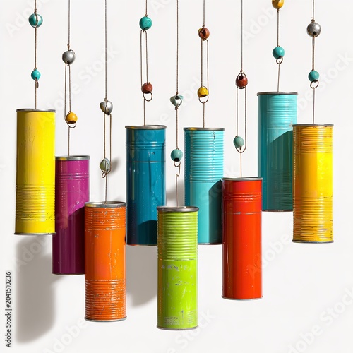 Colorful Hanging Decorations with Bright Canisters on White Background