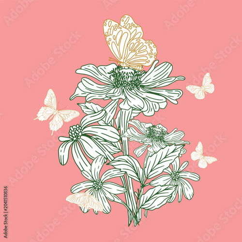 Zinnia Flowers and Butterflies Line Art Illustration