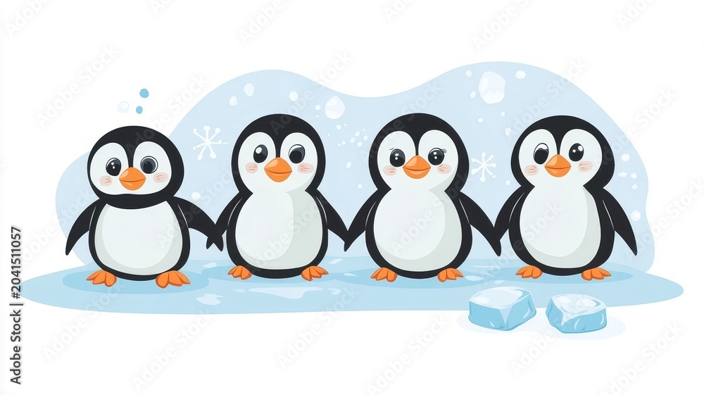 Fototapeta premium Cute cartoon penguins standing together on iceberg winter background illustration for children and holiday design projects.
