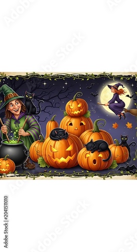 Halloween Night Scene with Witch, Pumpkins, and Black Cats.