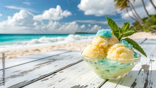 Gourmet tropical shaved ice dessert served in a glass bowl on a white wooden table with a sunny beach background