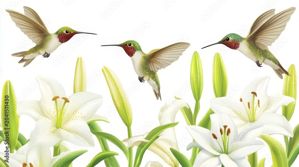 Fototapeta premium Three vibrant hummingbirds flying over beautiful white lily flowers illustration for nature themed artistic digital background.