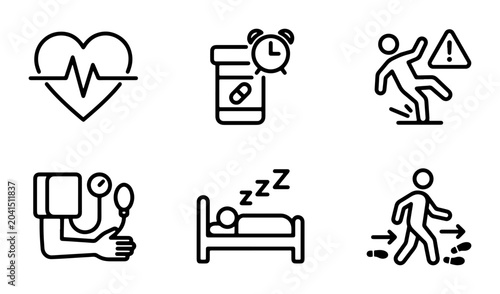 Foto Health Icons: Heartbeat, Medication, Fall Risk, Blood Pressure, Sleep, Walking