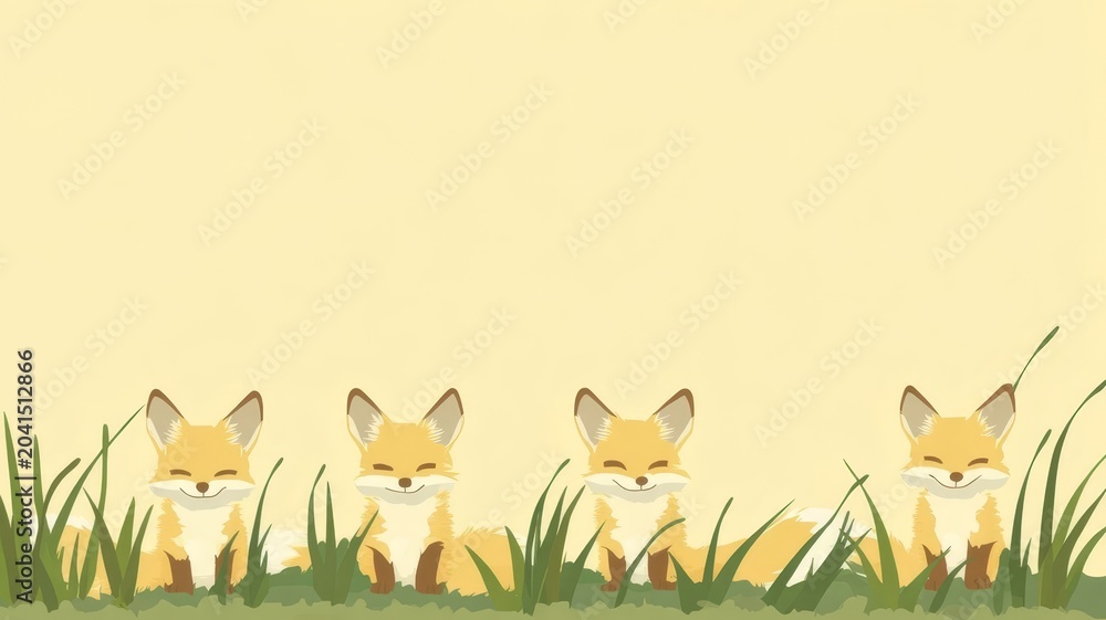 Naklejka premium Cute cartoon fox characters sitting together in green grass background for desktop wallpaper and minimalist graphic design projects.
