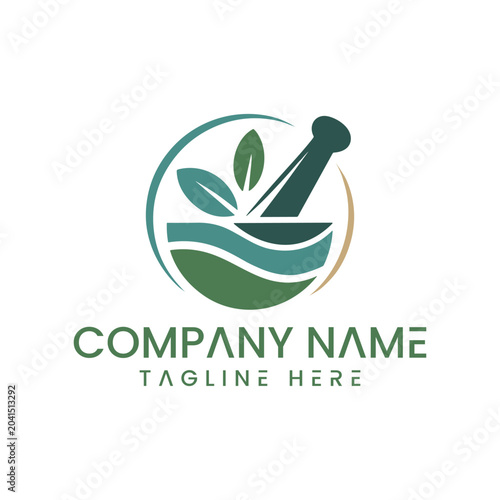 Natural herbal medicine logo design featuring a mortar and pestle with leaves