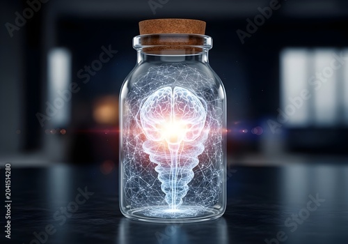 Illustration of a glowing brain with neural networks trapped inside a closed glass jar, symbolizing the limitations of thoughts or confined ideas.