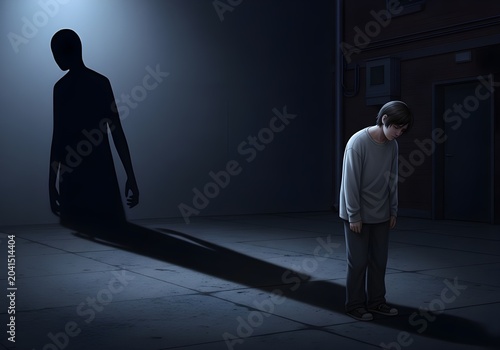 An illustration of a man looking down sadly in the darkness of night, while his shadow stands tall on the wall, symbolizing emptiness or an alter ego.