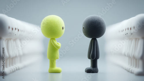 Two stylized figures, one lime green and one dark gray, stand facing each other with a blurred background of identical white figures, representing communication, diversity, or individuality.