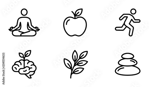 Canvas Print Healthy Lifestyle Icons: Meditation, Running, Brain Growth, Apple, Nature, Zen S