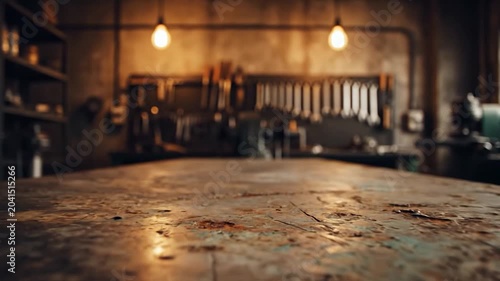 Low angle view of an old rustic metal workbench in a blurred industrial workshop with warm lighting