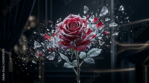 Red rose surrounded by shattered glass fragments