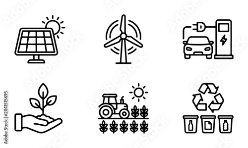 Obraz na płótnie Eco-friendly Icons Set: Renewable Energy, Sustainable Farming, Electric Vehicles