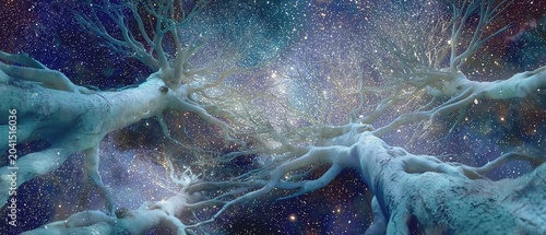 Majestic trees reaching towards a starry sky.