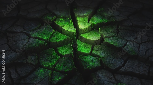 Cracked earth with glowing green accents.