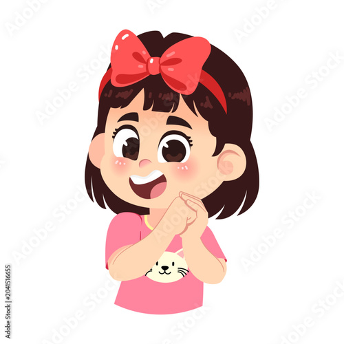 Cute Girl Showing Excited Expression with Big Ribbon Half Body Cartoon Character Vector Illustration