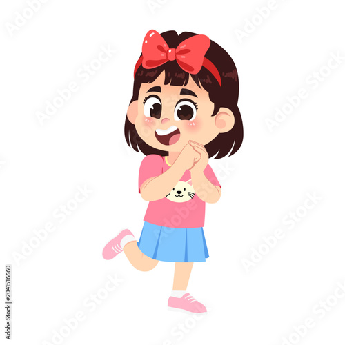 Cute Girl Showing Excited Expression with Big Ribbon Cartoon Character Vector Illustration
