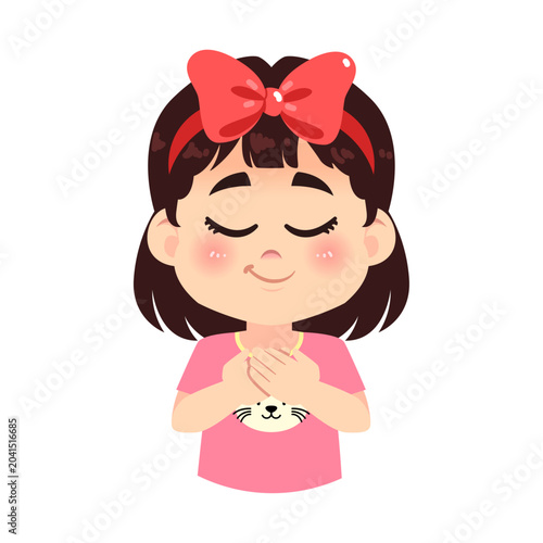 Cute Girl Showing Calm Expression with Big Ribbon Half Body Cartoon Character Vector Illustration