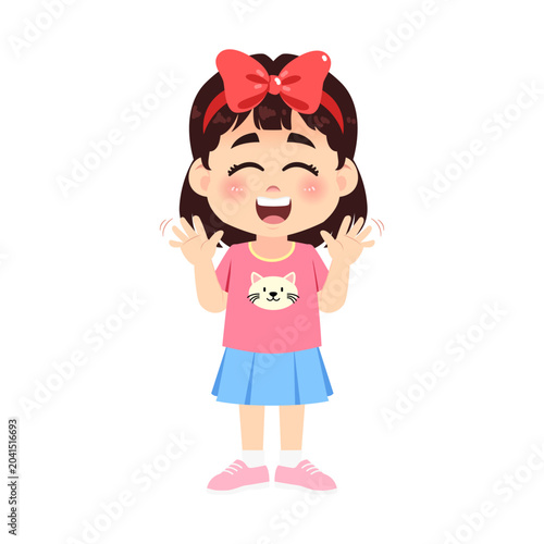 Cute Girl Showing Happy Expression with Big Ribbon Cartoon Character Vector Illustration