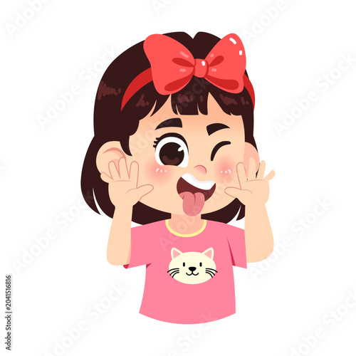 Cute Girl Showing Silly Expression with Big Ribbon Half Body Cartoon Character Vector Illustration
