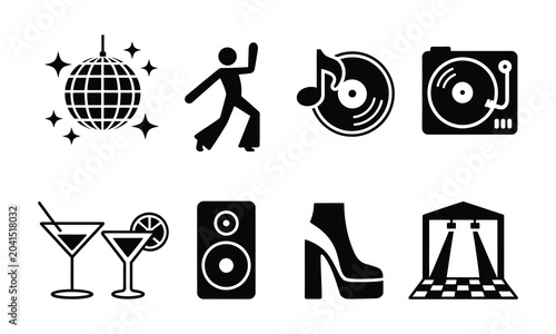 Billede på lærred Disco nightlife icons collection with dancing figure vinyl record mirror ball an