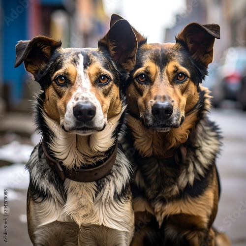 Two alert dogs portrait outdoors in close up view street background