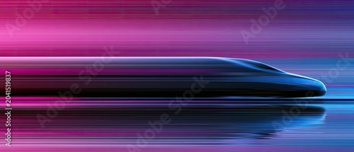 Sleek, dark train blurs through a vibrant, streaking pink and blue abstract landscape