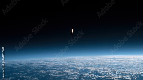 Rocket ascends into the dark void above a cloudy Earth