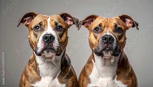 Two american staffordshire terriers facing camera on neutral backdrop