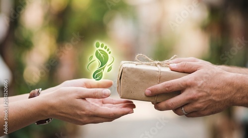 Gift Exchange, Hands of People, Urban Setting, Photo, Nature-Inspired Theme, Close-up View, Connection and Generosity