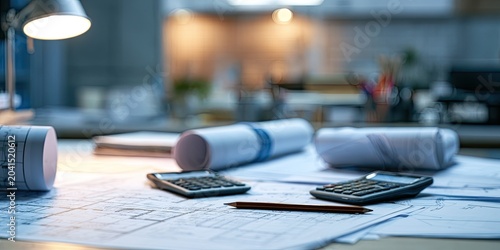 Blueprints, calculators, and a desk lamp illuminate a workspace