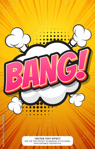 Editable bang comic text effect with pop art speech bubble on yellow sunburst background vector