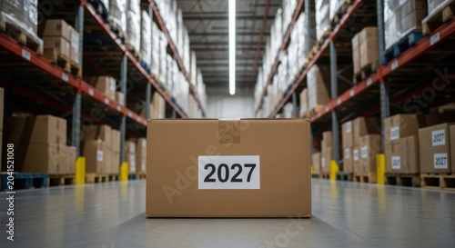 A large cardboard box with the year 2027 on it sits in a warehouse illustration