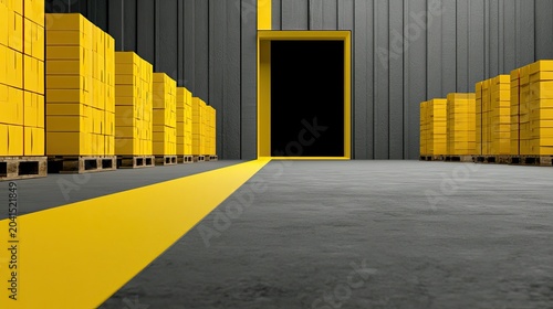 Rows of yellow boxes stacked high in a vast, empty warehouse, with a bright yellow path leading to a dark doorway