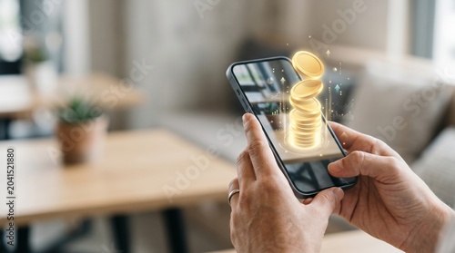 Digital Coins on Smartphone, Home Office, Graphic Illustration, Modern Environment, Close-Up View, Financial Concept
