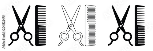 Fotografía Scissors and comb hairstyling icon set featuring crossed barber tools vector ill