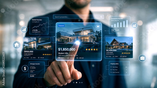 Futuristic real estate technology interface, businessman using digital property search app, smart home investment data and virtual reality housing market analytics