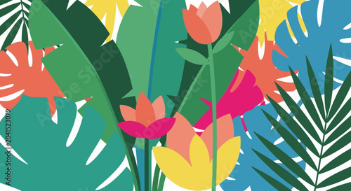 Photos Vibrant tropical flowers and leaves illustration.
