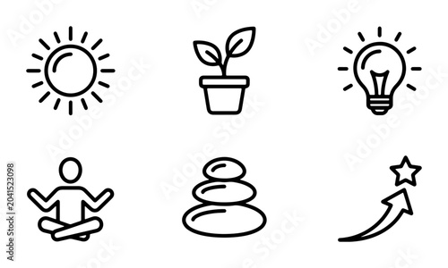 Canvas Print Mindfulness Icons Set: Sun, Plant, Lightbulb, Meditation, Zen Stones, Growth Arr