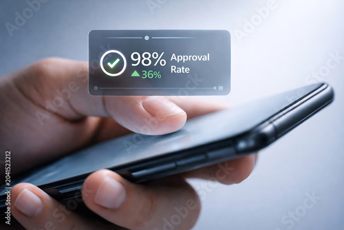 Smartphone showing approval rate notification with checkmark and percentage mobile phone