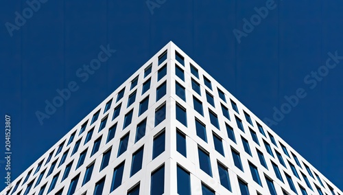 Stark white corner of modern building ascends against deep blue sky