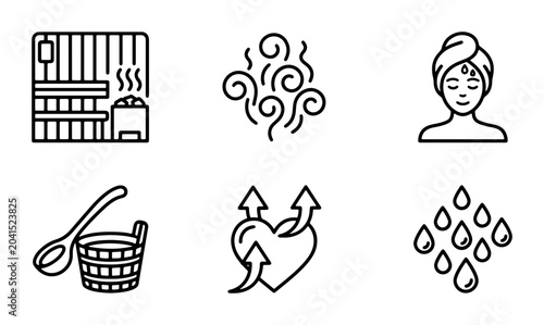 Fotografie Sauna Icons Set, Wellness and Relaxation Line Art Collection, Steam Bath Symbols