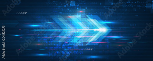 High-speed data flow arrow on abstract technology background with geometric shapes and glowing lines.