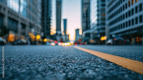 Low-angle street view with blurred skyscrapers and traffic lights at dusk